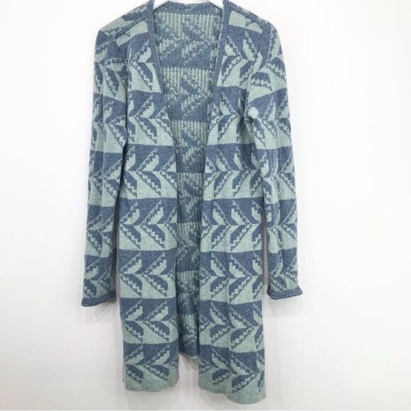 Tribal Pattern Knit Light Blue, Blue Long Duster Cardigan Knit Sweater - Picture 1 of 11